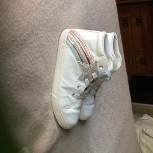 White hightops with a shimmery rainbow